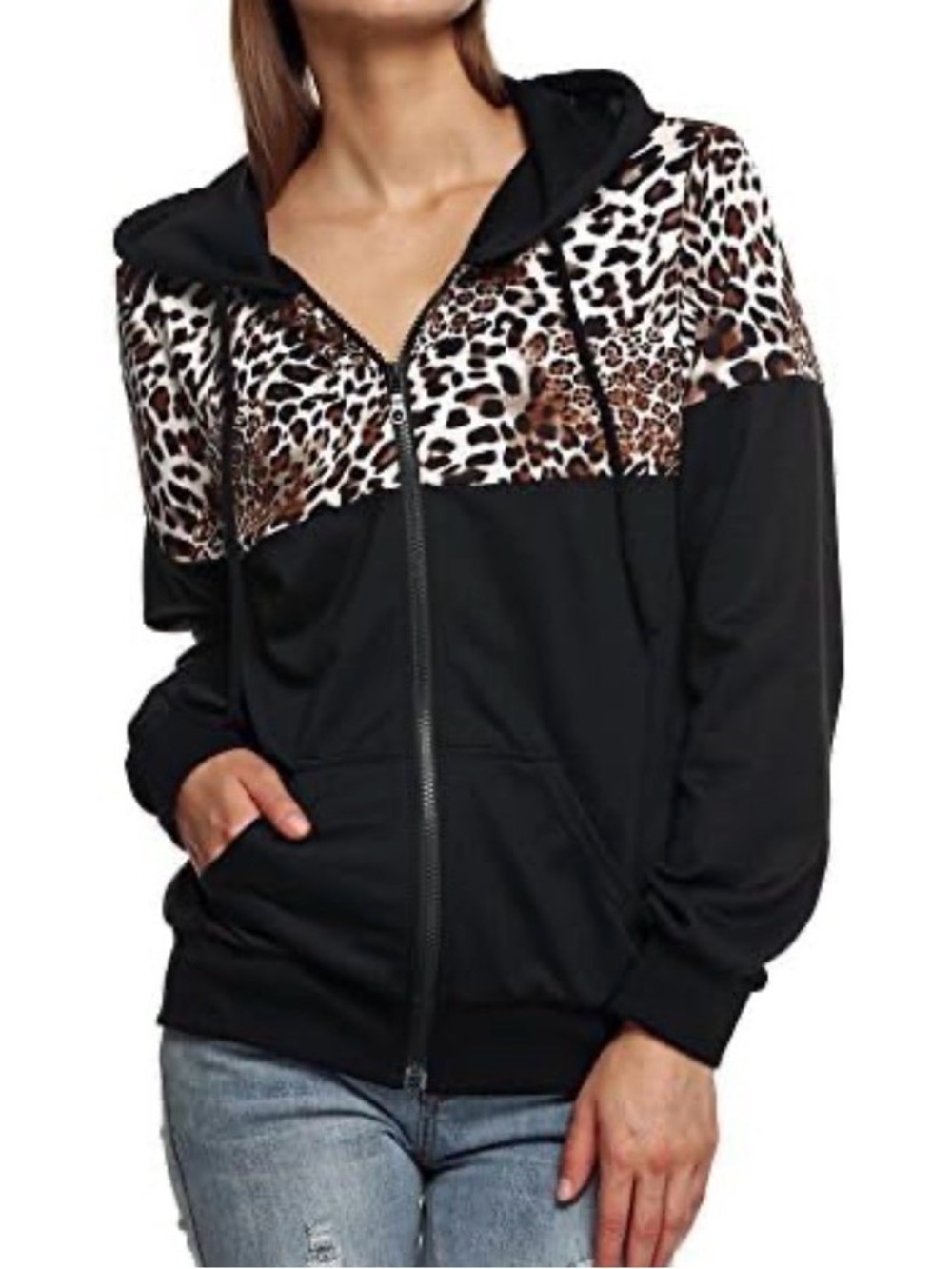 Women’s Black Zip-Up Hoodie with Leopard Print Accent - Picture 2 of 6